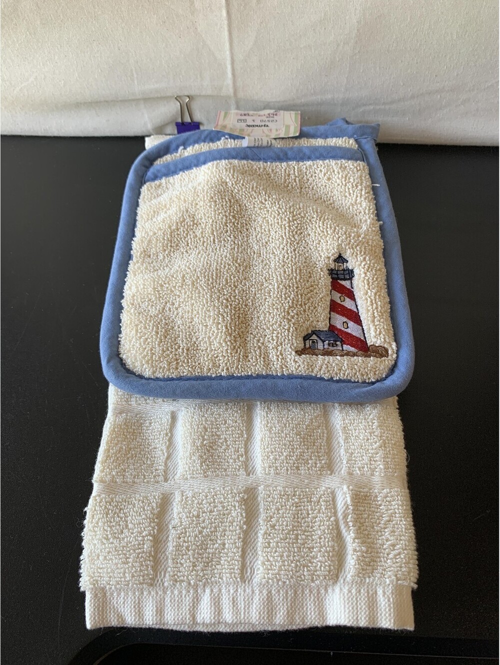 Ritz Hanging Kitchen Towel Lighthouse Embroidered Beige Cotton Nautical